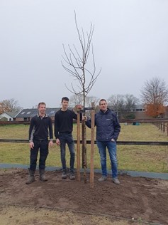 Studenten en docent Zone.College Almelo bij hun nieuwe boom